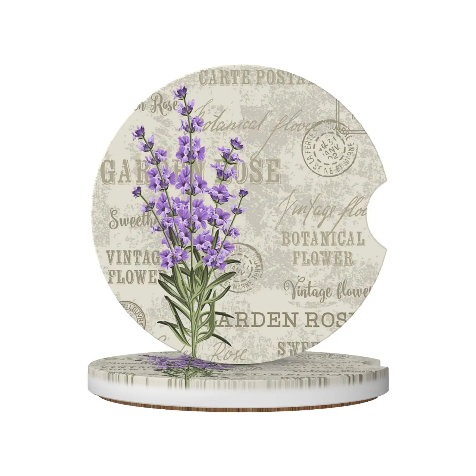 Vintage Lavender Flower Stamp Ceramic Coasters 2Pcs  Absorbent Car Beverage Anti-slip Car Coaster