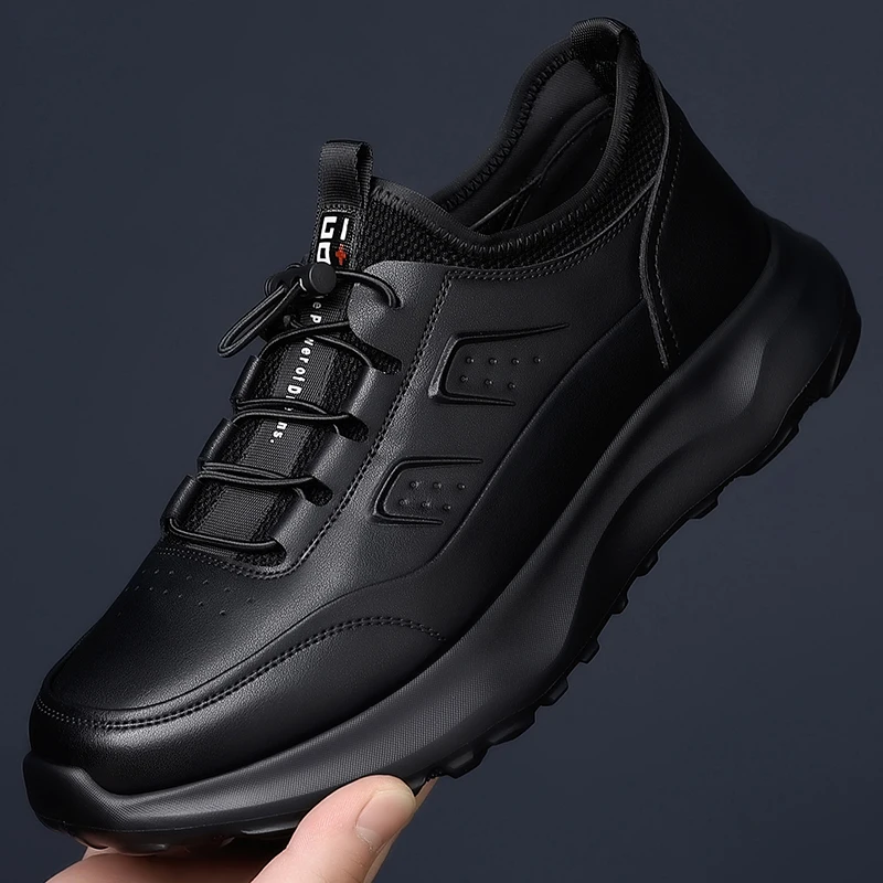 

Men's Autumn New Arrival Black Leather Shoes - Breathable Thick-Sole Stylish Sneakers, Casual & Sporty, Versatile & Lightweight