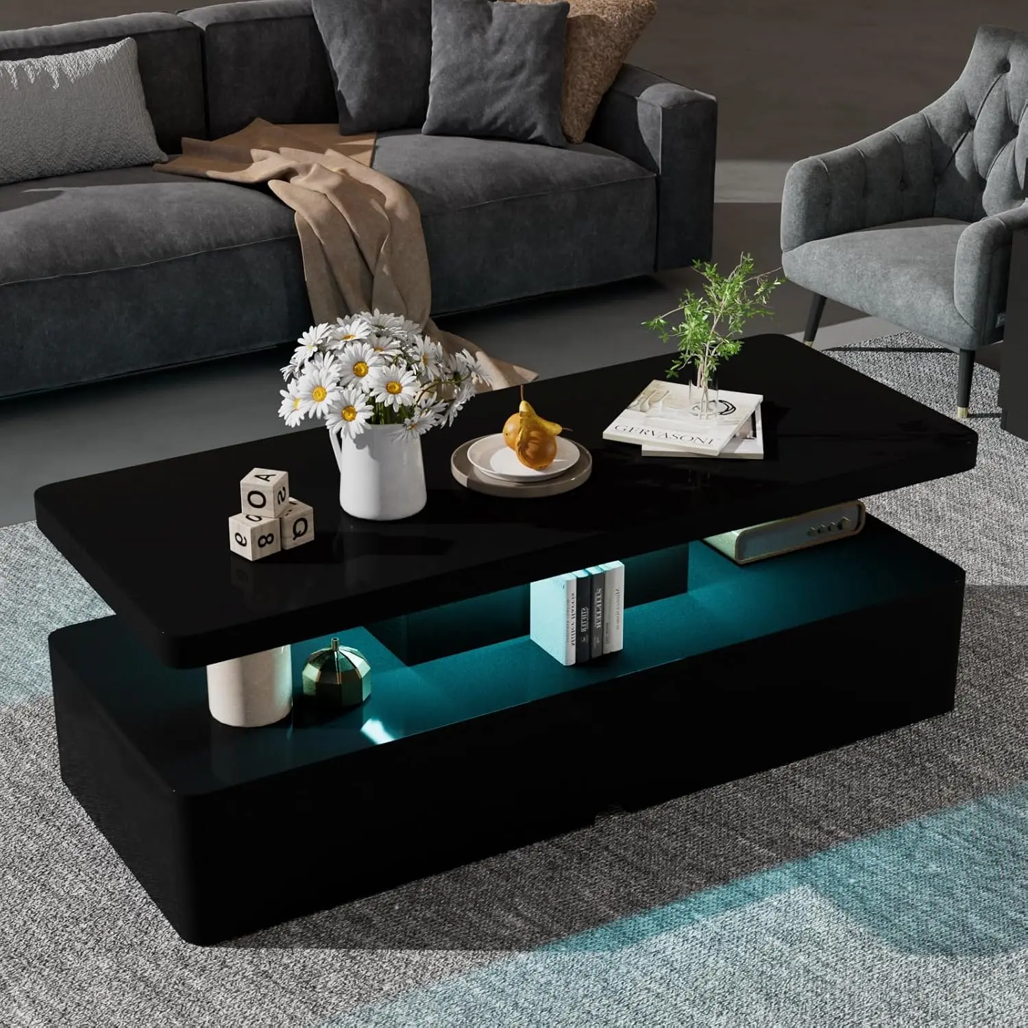 

40" Modern Living Room Tables, LED Coffee Table with LED Lights, 2 Tier Rectangular Center Table with Large, Customized