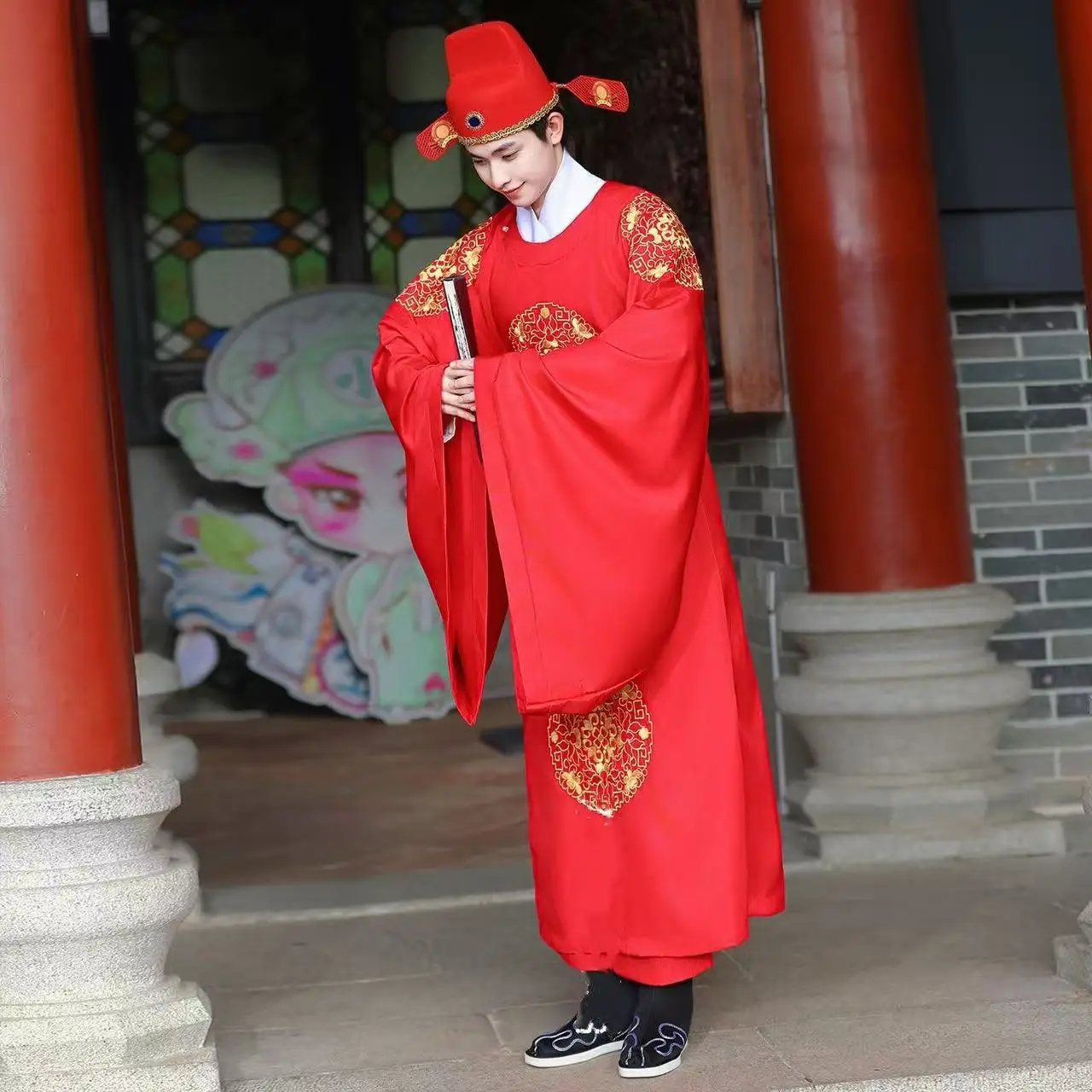 Men's Red Hanfu Traditional Chinese Embroiderd Clothing Ancient Scholar Uniforms Halloween Cosplay Costume Wedding Groom Suits - view 4