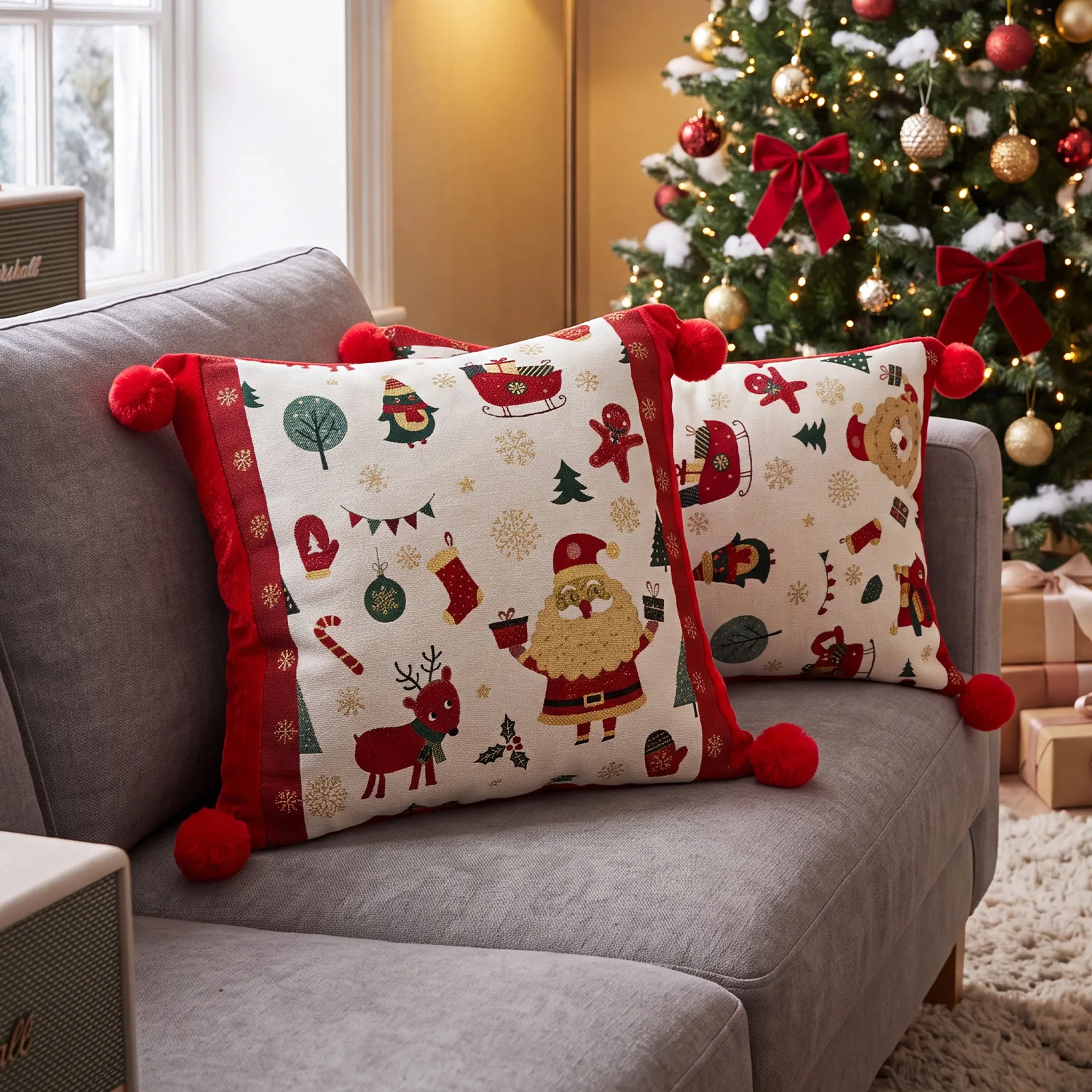 Weihnachtsroter Jacquard-Kissenbezug mit Cartoon-Elch- und Schneeflocken-Motiv, Plüsch-Sofadekoration, Kissenbezüge 45x45cm – Detail 12