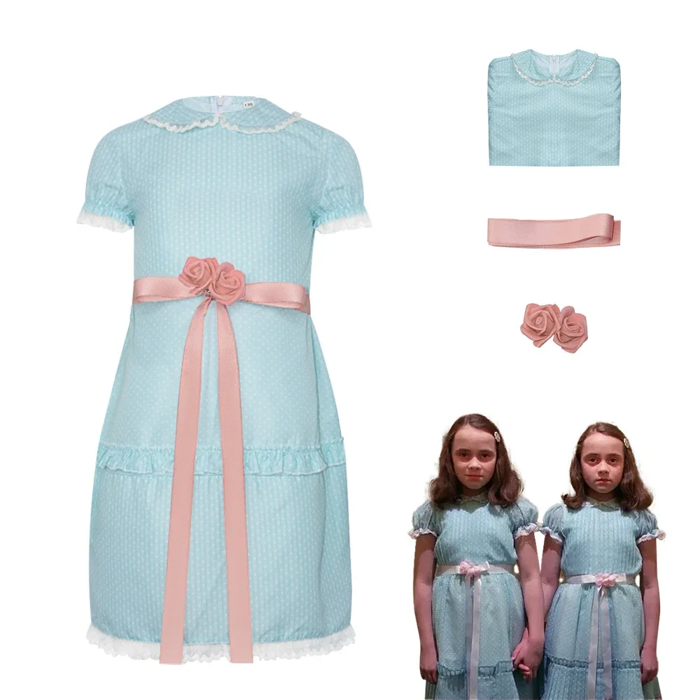 Movie The Shining Lisa Louise Burns Grady Twins Dress Blue Halloween Puff Sleeve Lolita Outfits Dress Skirts Bow For Girl Woman