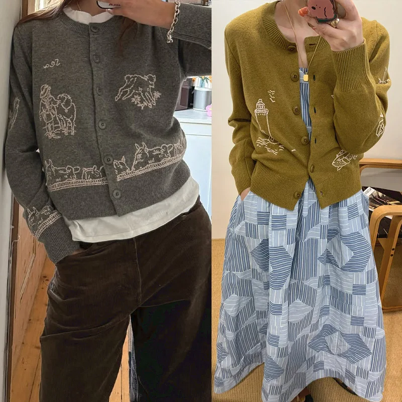 

French Style 2025 Autumn Winter Cute Lamb Lighthouse Embroidered Round Neck Cardigan Sweater