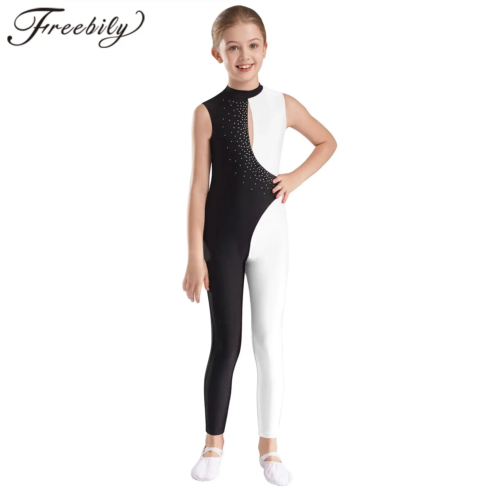 

Kids Girls Dance Jumpsuit Contrast Color Rhinestones Sleeveless Bodysuit Children's Rhythmic Gymnastics Figure Skating Jumpsuits