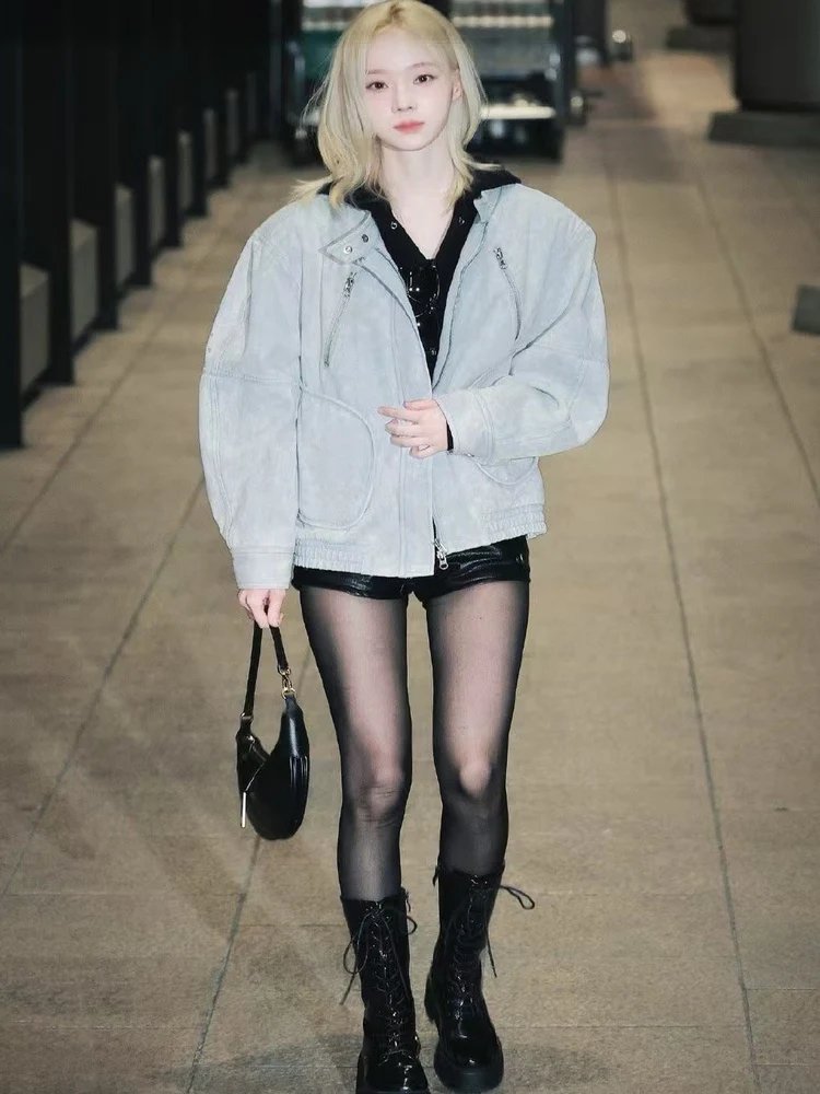 Waed Denim Biker SLE Jaet Casual Openyy Frühling 2024, Baumwoll-Polyester-Mischung, langer Sve-Reißverschluss, gerader Mantel