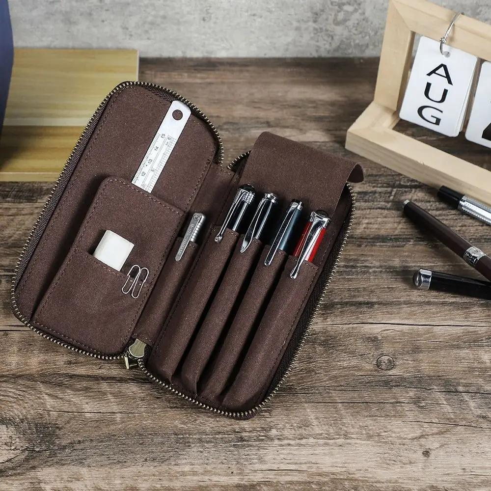 Handmade Leather Genuine Leather Pencil Case 4 Slots Design Crazy Horse Leather Pen Case Vintage Style Fountain Pen Bag