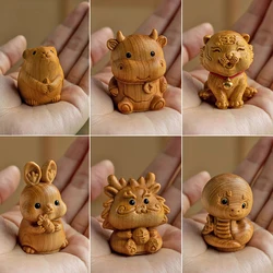 Wood Carving Twelve Zodiac Mini Ornaments Mouse Ox Tiger Rabbit Dragon Snake Office Desktop Cute Animal Decorations Kids Gift