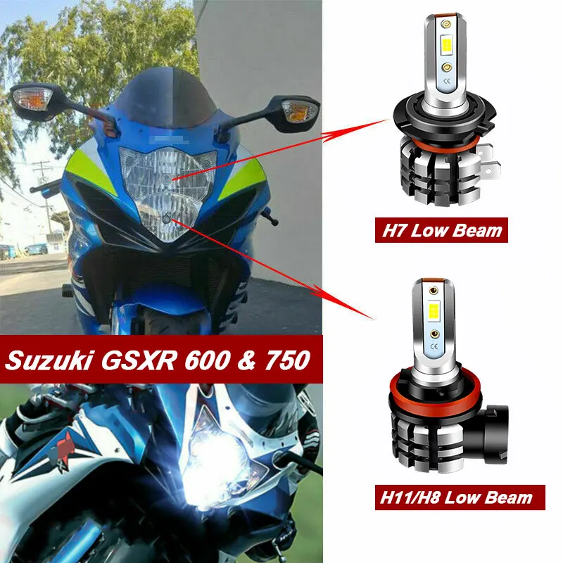 2PCS Motorcycle H11 H7 LED Headlight For 2011-2020 Suzuki GSXR 600 & 750 6000K LED Headlight Bulbs High Low Beam Kit 9600LM