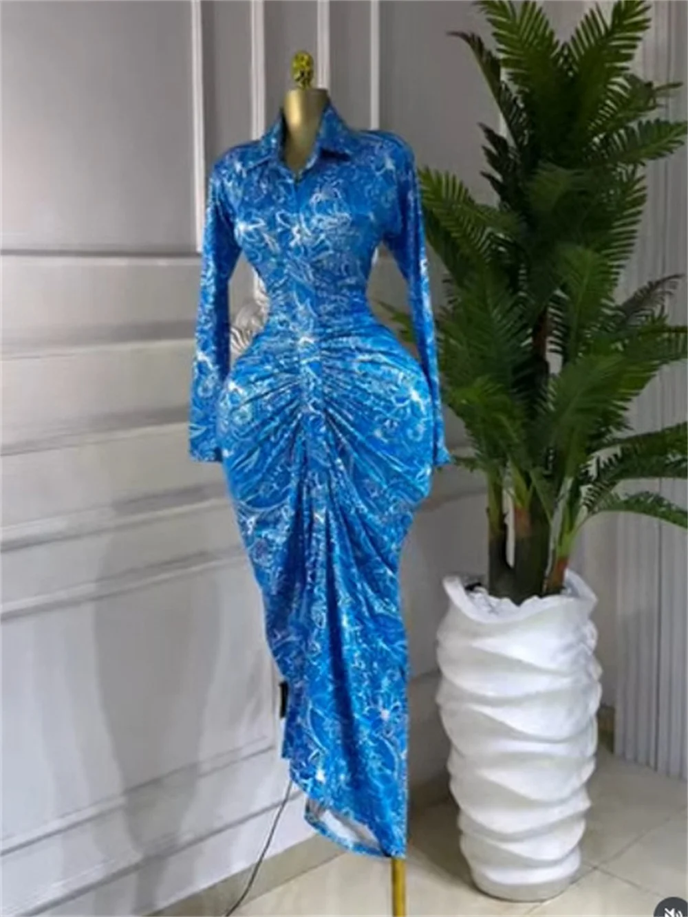 Frauen Sexy Langarm Drehen-unten Kragen Blau Floral Gedruckt Maxi Kleid 2025, Straße Geburtstag Abend Party Kleid Club vestidos