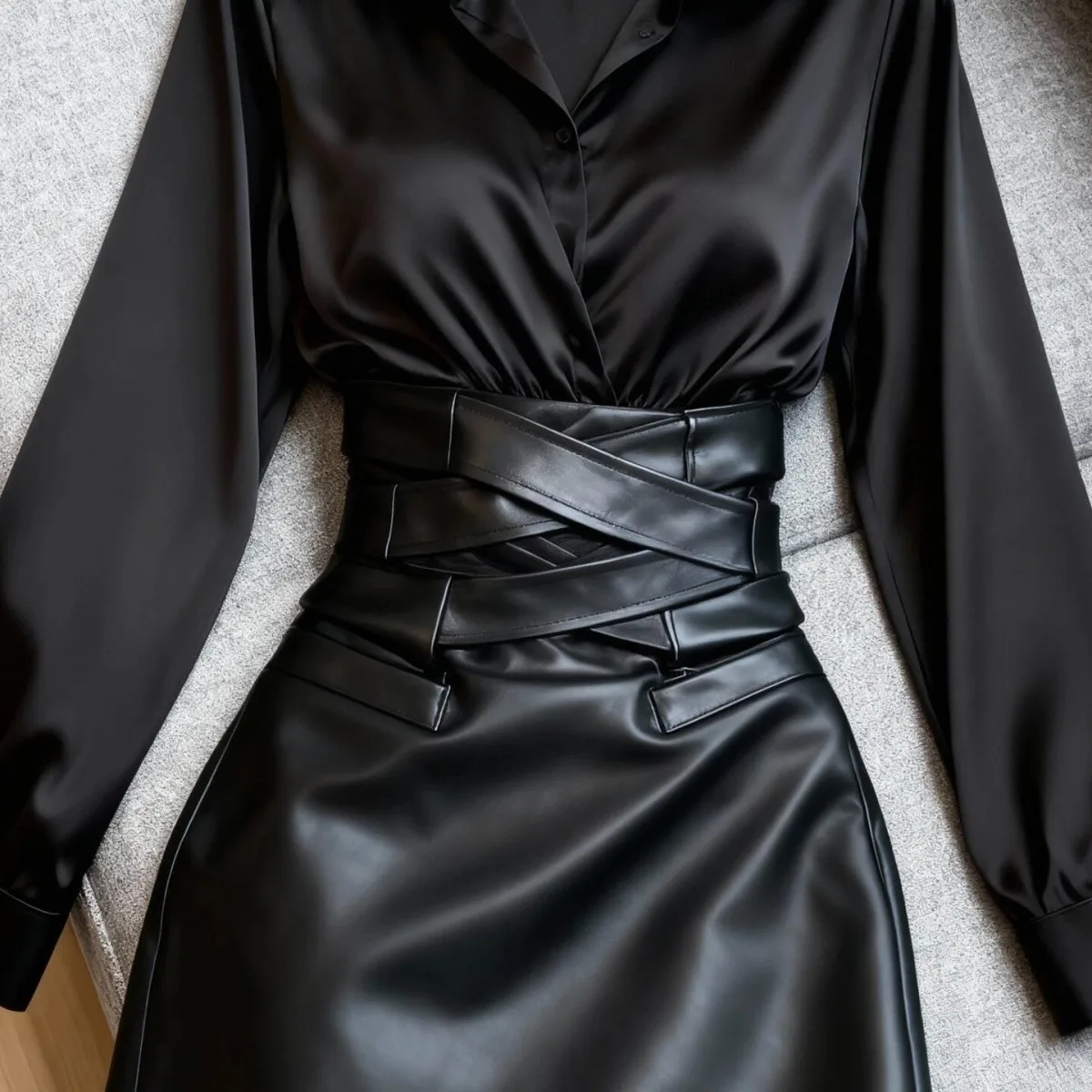 2026 Spring Summer New Two Pieces Set A-Line Skirt Women Fashion High Waist Sexy Skirt Long Sleeve Shirt Tops + Short Skirt Suit