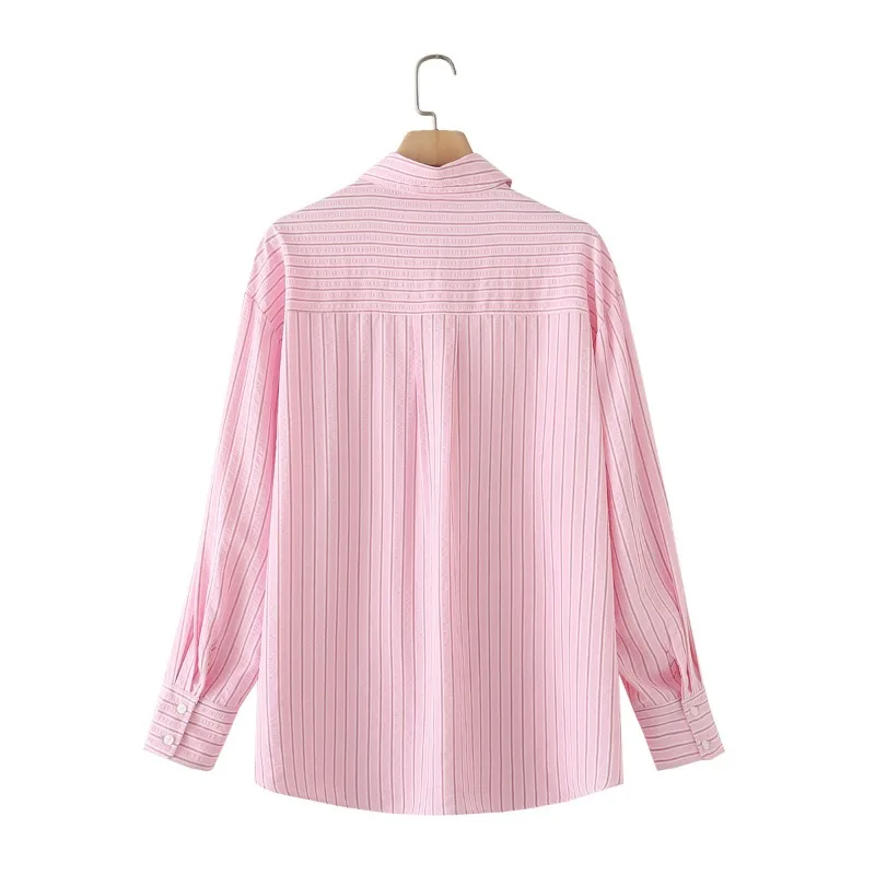 قميص نسائي مخطط وردي بأكمام طويلة فضفاض مناسب للعمل المكتبي ملابس يومية غير رسمية للربيع والصيف بلوزة مريحة