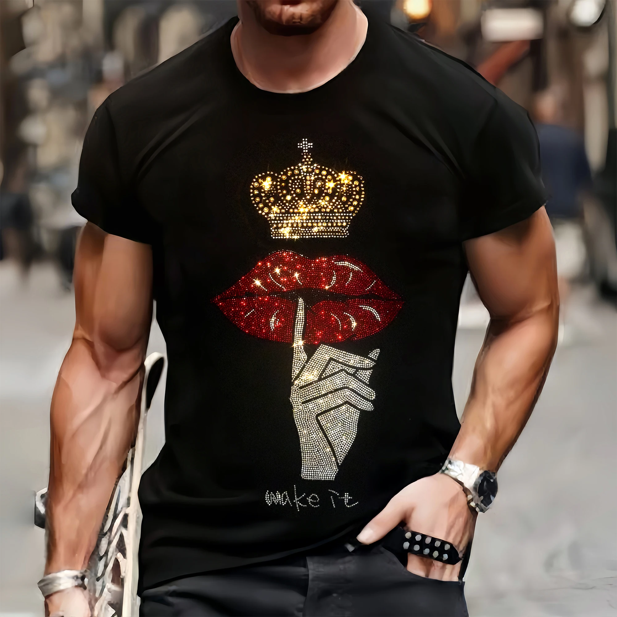 Fashion Mens Quality T-Shirts Autumn Casual Street Short Sleeve Clothing Tee Tops O-Neck Red Lips Rhinestone Designer Tshirt Y2k