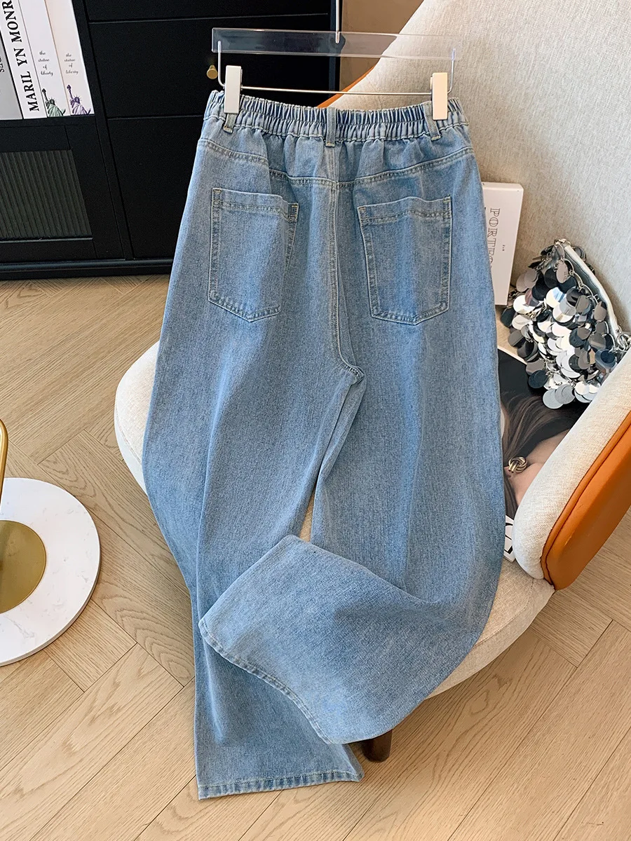 140Kg Plus Size Women\'s Hip 136 Spring Autumn Loose Printed Jeans High Waisted Wide Leg Denim Pants Blue 2XL 3XL 4XL 5XL 6XL