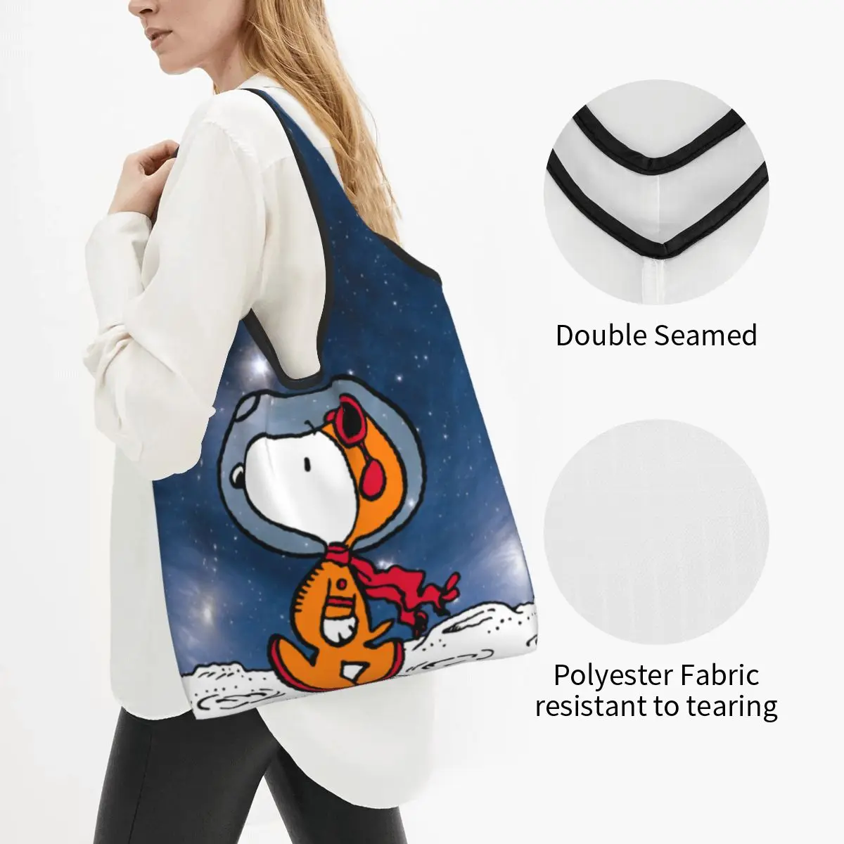 Reusable SPACE Snoopy Astronaut Cute Shopping Bags for Groceries Foldable Grocery Bags Washable Large Tote Bags