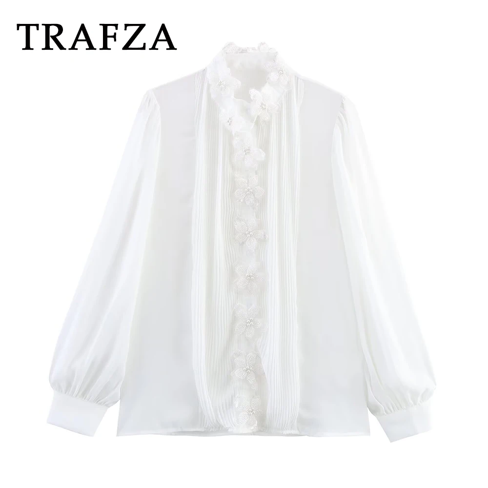 

TRAFZA Chic White 3D Floral Pearl Summer Woman Shirt Single Breasted Elegant Blouse Fashion 2025 Female Office Lady Casual Shirt