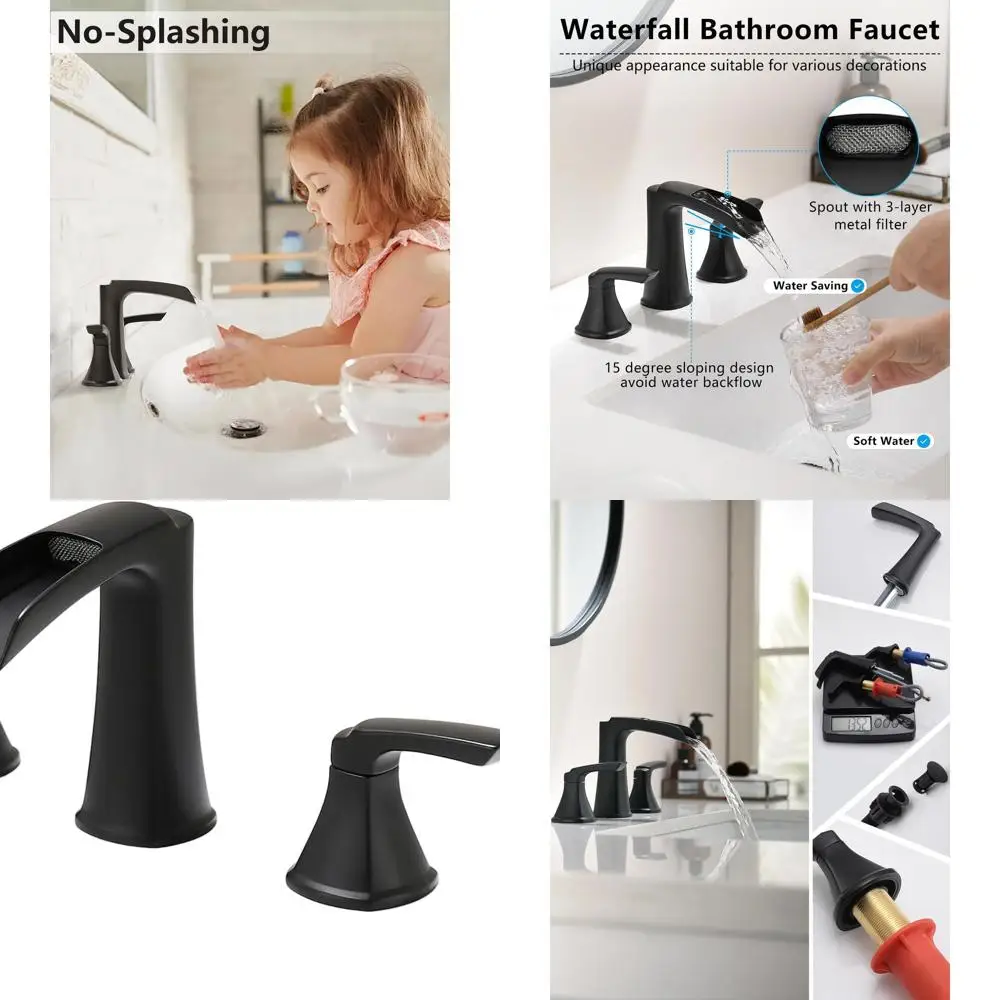 

8 Widespread 3-Hole Waterfall Bathroom Sink Faucet with Pop-Up Drain, Dual-Handle Fixture