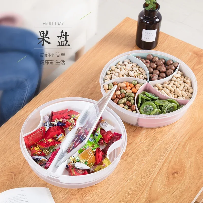 SnackCandy Round Tray Snack Dried FruitBox with Cover Compartment Detachable 5 Grid Food Storage Box Household Plates WithLid