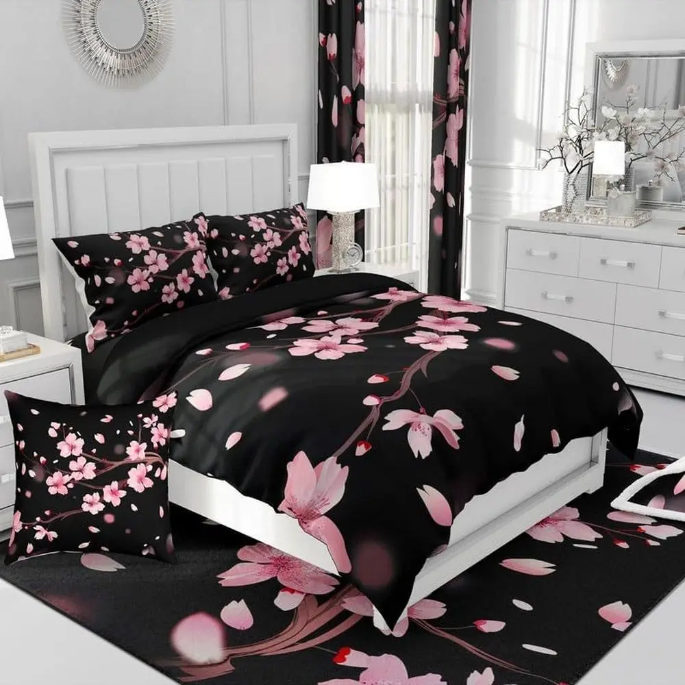 Set Sprei Katun 100% Motif Bunga Sakura Jepang Warna Pink dan Hitam
