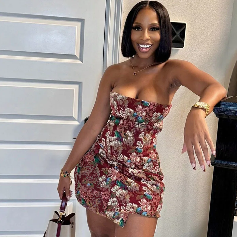 

Sifreyr Trendy Vintage Print Strapless Dress One Line Neck Sexy Spicy Girls Backless Folds Sleeveless Hip Hugging Women Dresses