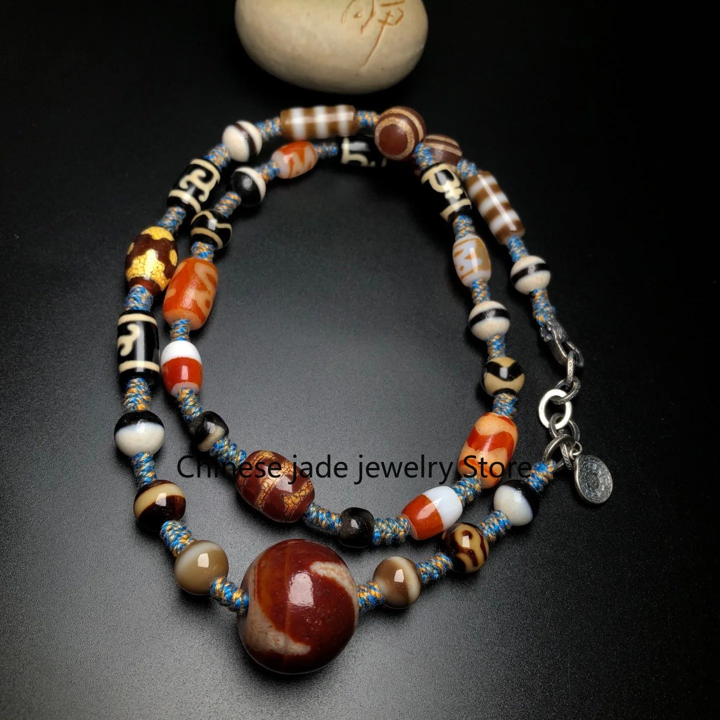 Tibetan Agate Tiger Tooth&Many Treasure Dzi Bead Amulet Necklace Pendant Z3195