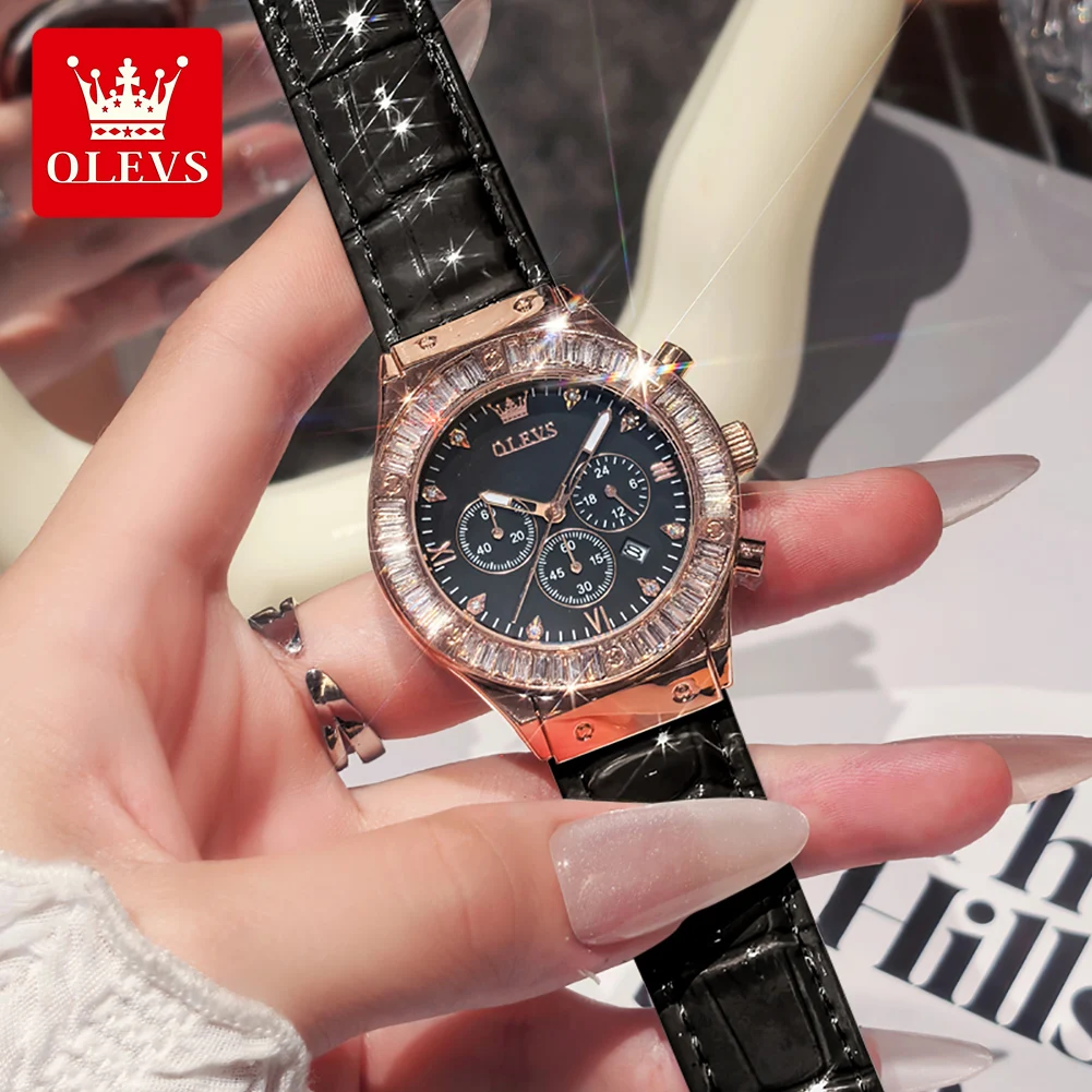 OLEVS 9978 Original Quartz Women's Watch Fashion Leather Strap Luxury Diamond Bezel Waterproof Luminous Chronograph Ladies Watch