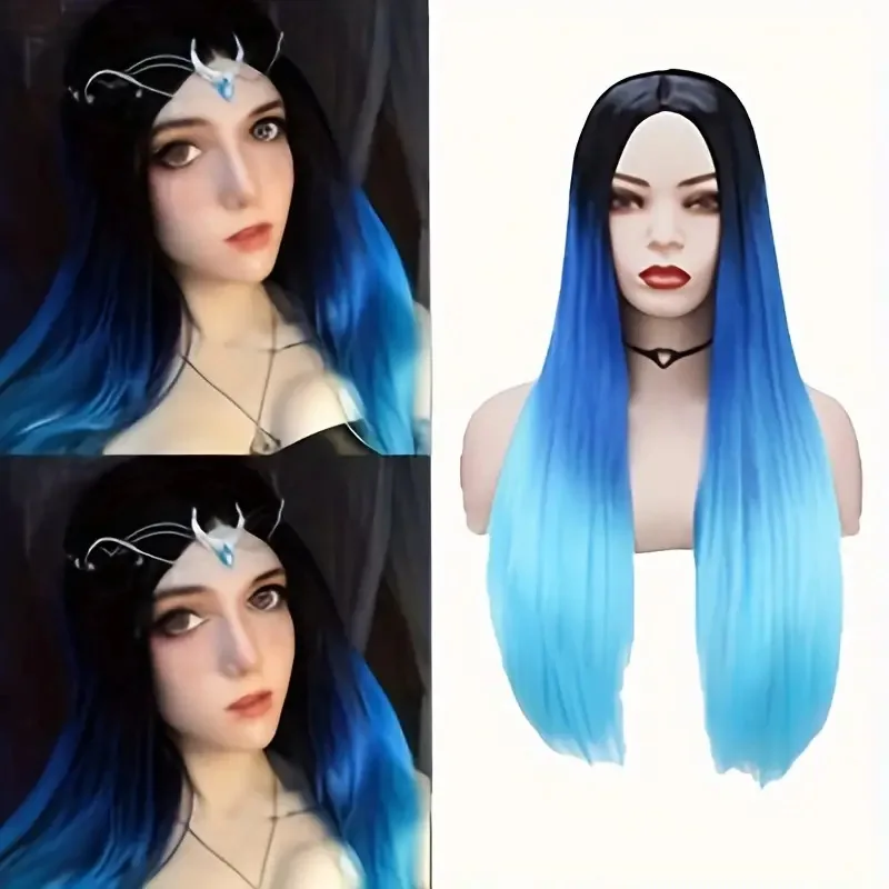 fashion women's three-color gradient mid-parted long straig Wig