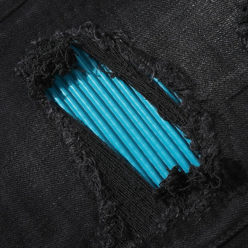 Designer street fashion boutique men's retro black ripped blue patch jeans Y2K elastic tight jeans hip-hop brand high-quality pa