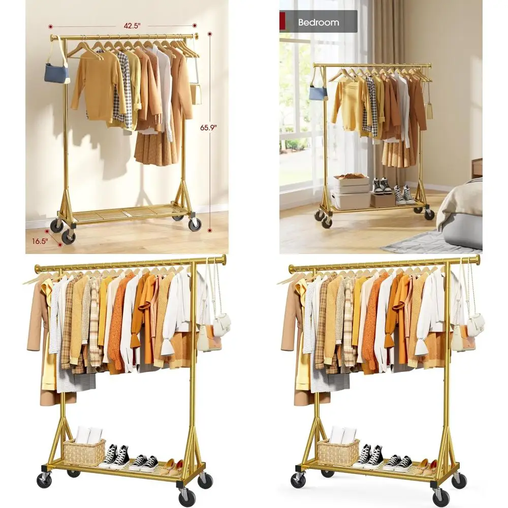 

Сетчатая полка, стальная вешалка для одежды на колесиках с запираемыми колесами и противоскользящими пробками, 42,5 x 16,5 x 65,9, золото