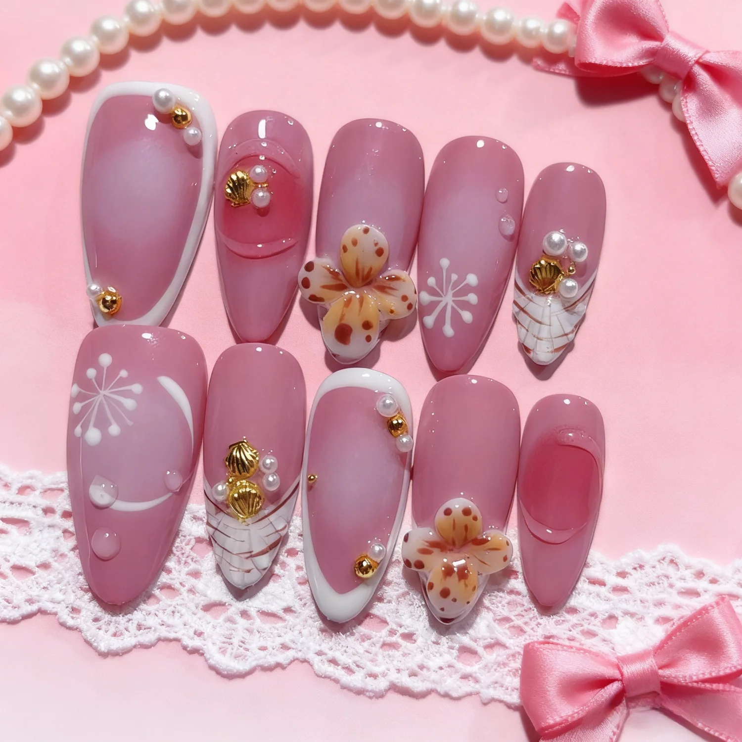 

10PCS Handmade Mid-lenght Press on Nails INS Style Nials Pink 3D Flower Fake Nails Art Datachable Almond Nails Tips for Girls