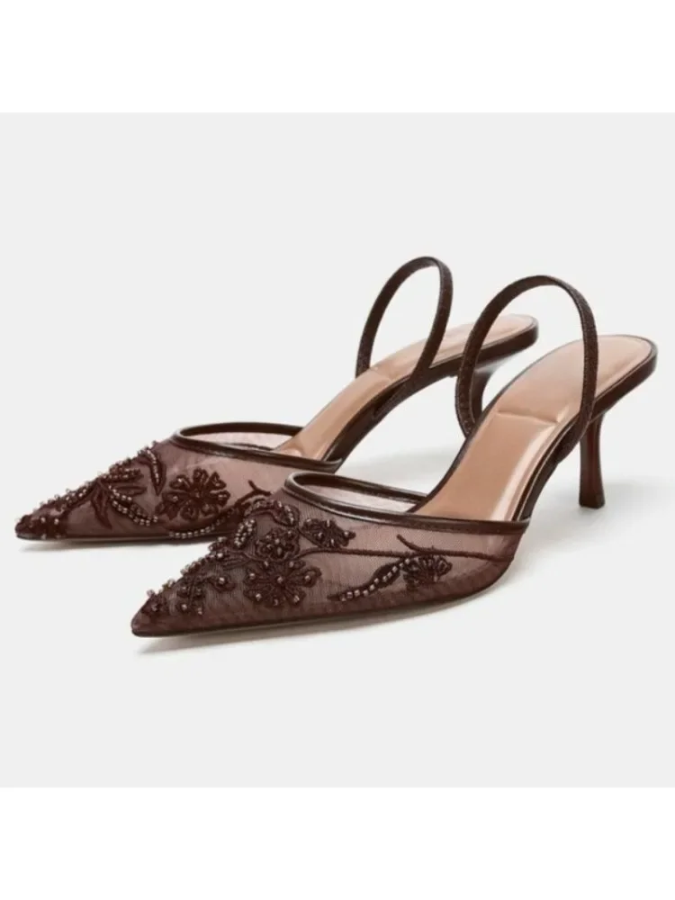 Sexy puntige neus mesh borduur hoge hakken voor dames elegante string kraal pompen zomer luxe designer schoen bruine hakken sandalen - afbeelding 2