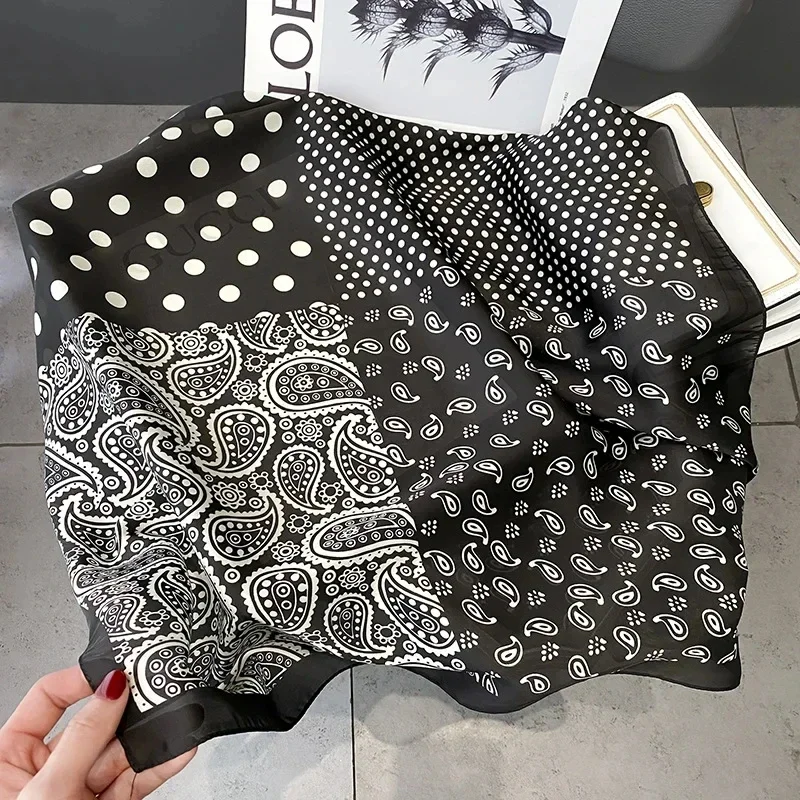 Luxury Polka Dot Paisley Print Square Scarf Black White Thin Decorative Neck Scarf Hairbands Sunscreen Headscarf For Women
