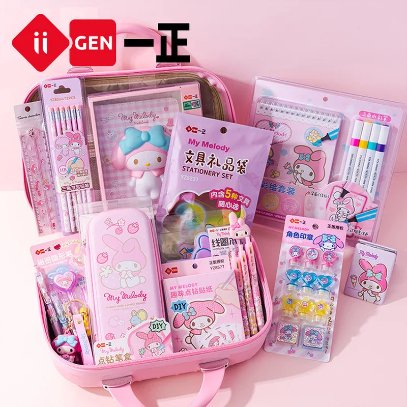 

Iigen Cartoon Stationery Gift Box Set Kawaii My Melody Kuromi Pencil Ballpoint Pen Notebook Note Pad Sticker Pen Case Gift Box