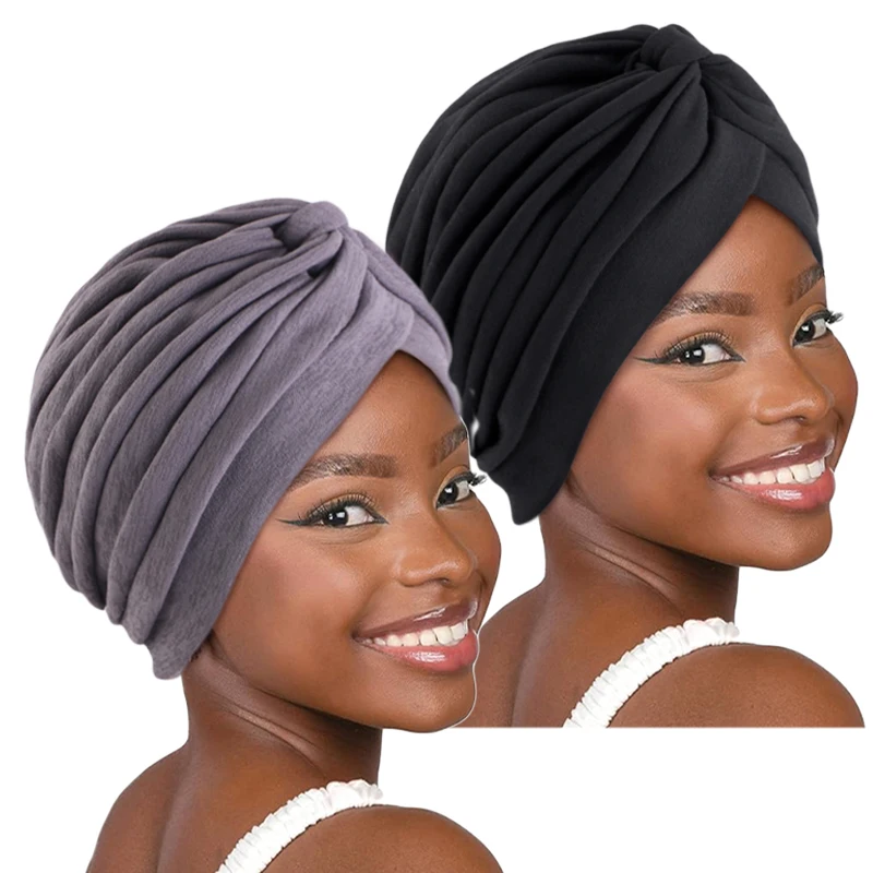 

2PCS/LOT New Thickened Cotton Twisted Turban Cap for Women Soild Color Pleated Muslim Headscarf Bonnet Head Wraps Hijab Caps