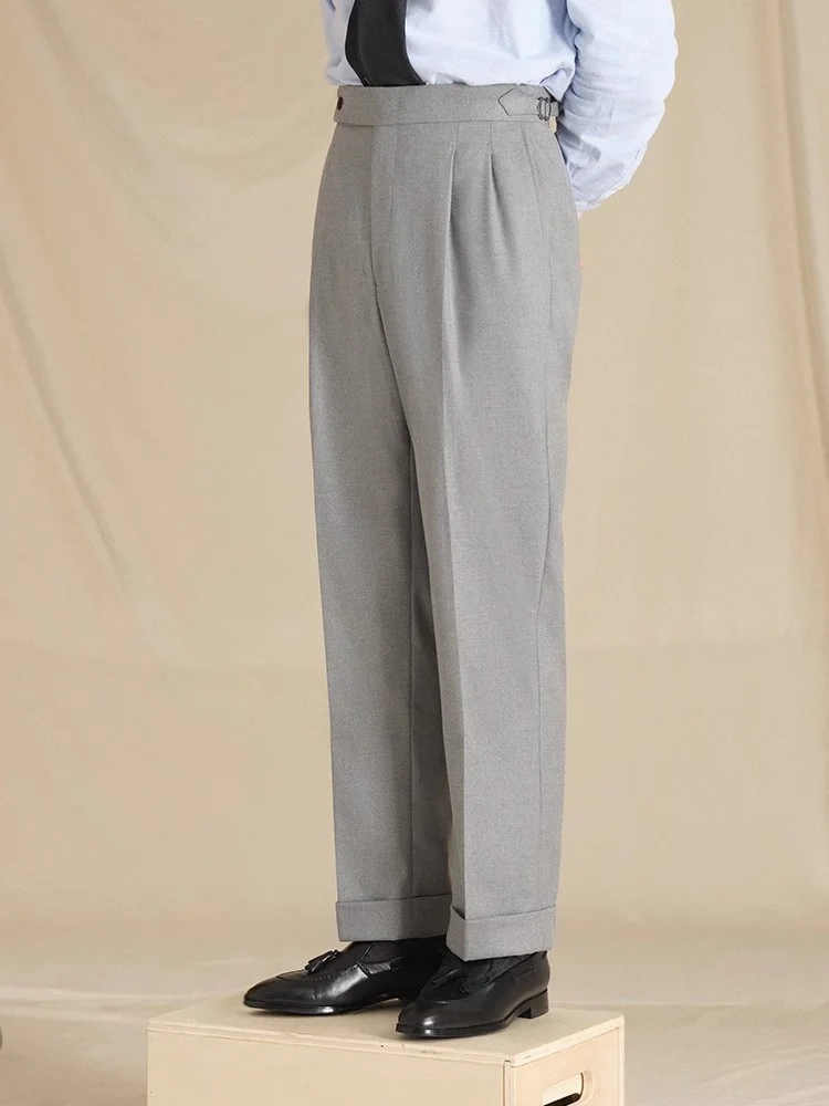 Cultum Italian Neapolitan Business Casual Anti-Wrinkle Double Pleat High Waist Suit Pants for Men Premium Flannel Casual Wear