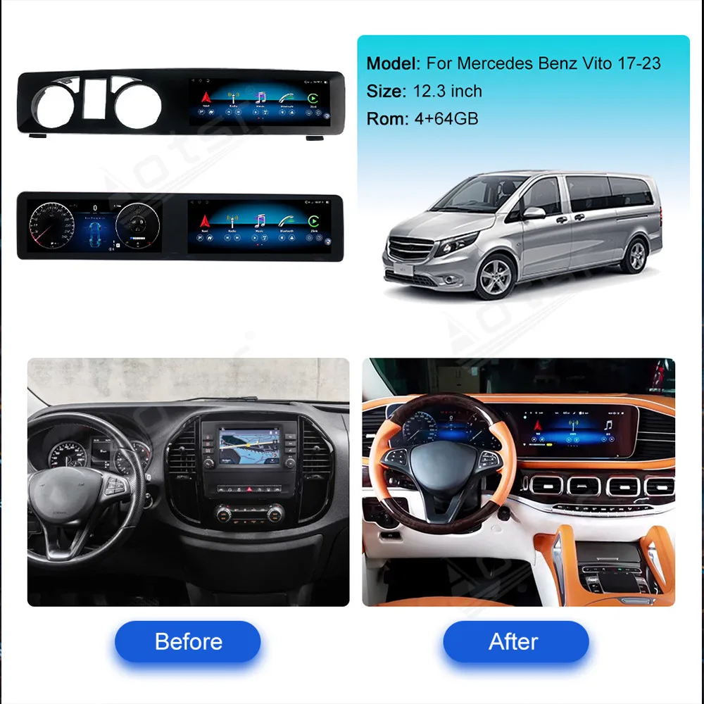 12.3 Inch Android 13 Qualcomm Snapdrag For Mercedes Benz Vito 2017-2023 Car Radio Multimedia Player CarPlay GPS Navi Head Unit