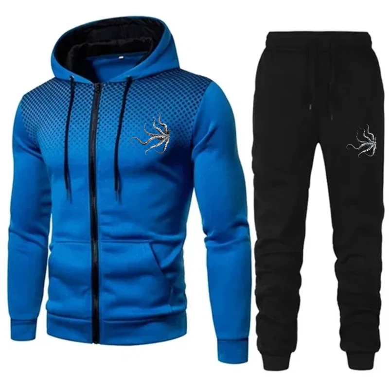 طقم جاكيت رجالي أسود أحمر متدرج بطبعة الأخطبوط مع قلنسوة وسراويل رياضية رمادية للتمرين في الهواء الطلق غير الرسمي