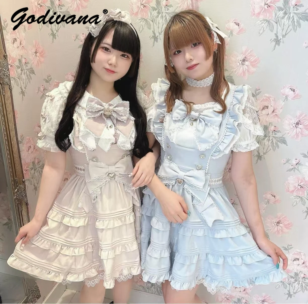 Novo japonês doce bonito bowknot camada cinta bolo vestido menina feminina cor sólida lolita acima do joelho vestidos suspender