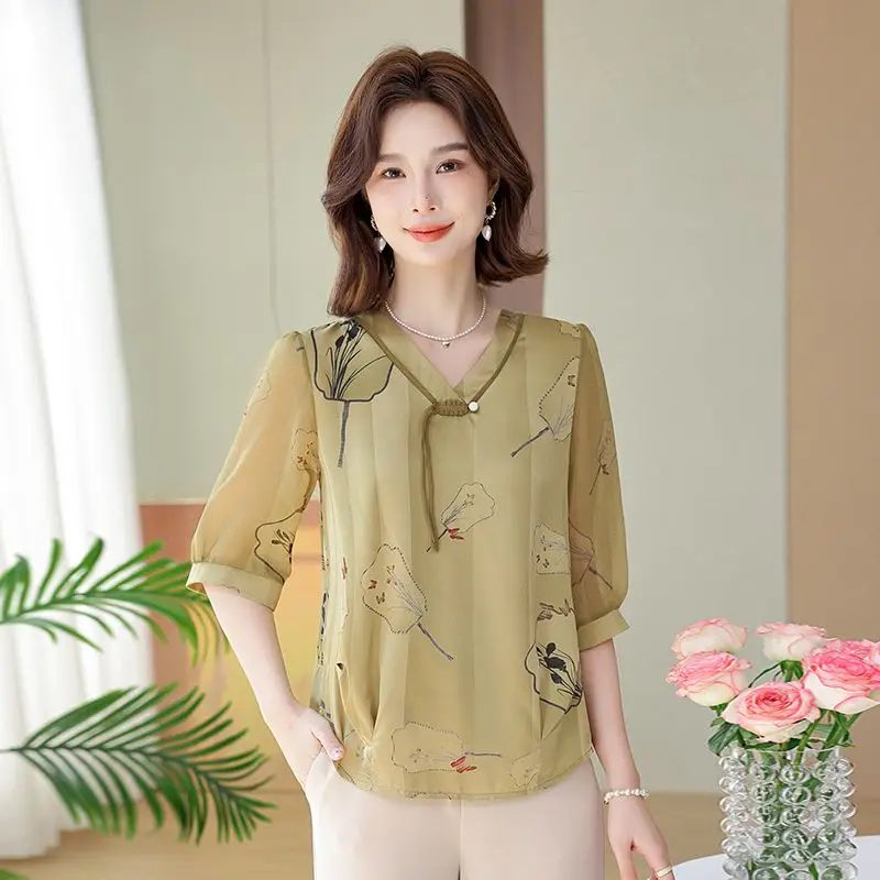 Elegant V-Neck Button Lace Up Printed Chiffon Blouses Women's Clothing 2024 Summer New Loose All-match Tops Office Lady Shirts