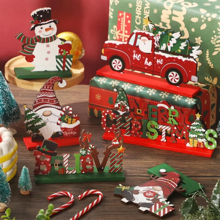 6 Pcs Christmas Table Decorations Wooden Christmas Table Centerpieces Xmas Snowman Santa Claus Gnome Signs Merry Xmas Toppers