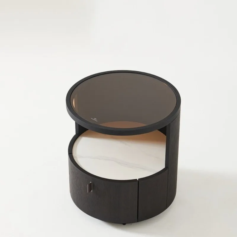 Italian minimalist bedside table solid wood smoked color round simple modern creative bedroom high-end storage cabinet