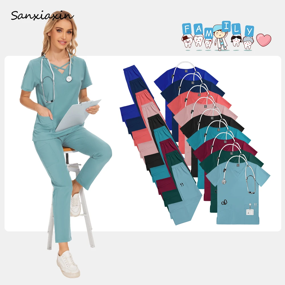 

Elasticity Casual Nurse Uniforms Dental Clinic Nursing Scrubs Uniforms V-neck Solid Color Pet Hospital Doctor Work Clothes Women