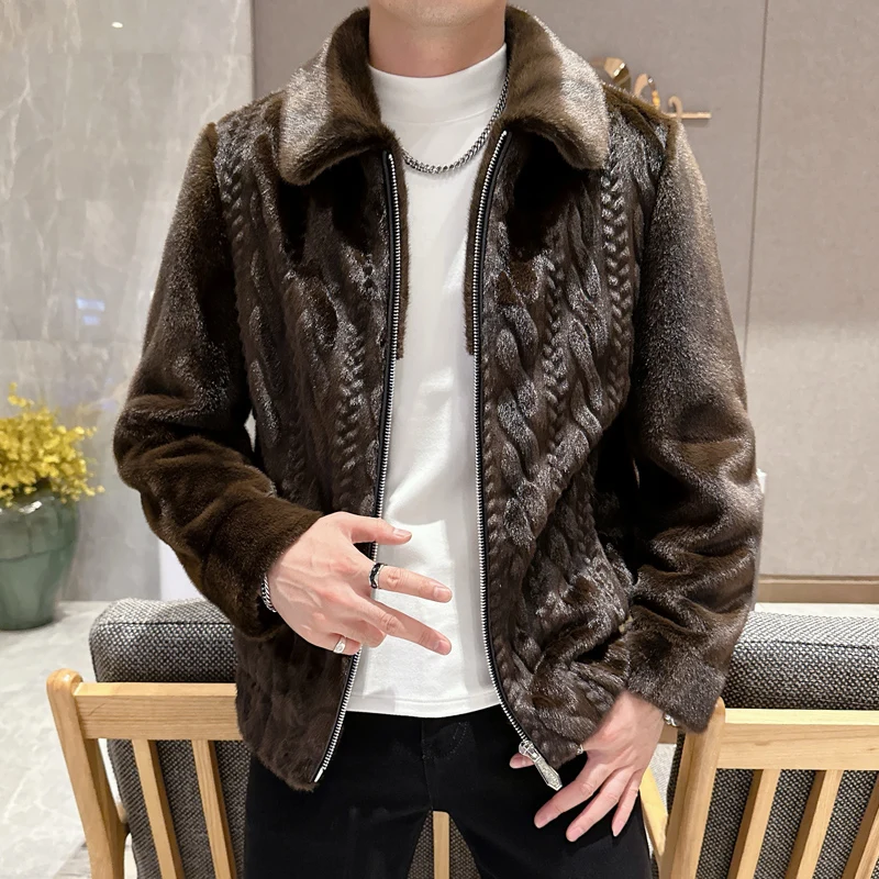 Winter High Quality Mink Fur Coat Male Fashion Polo Collar Thicken Warm Leather Fur Outcoat Casual Large Size Pure Color Outwear