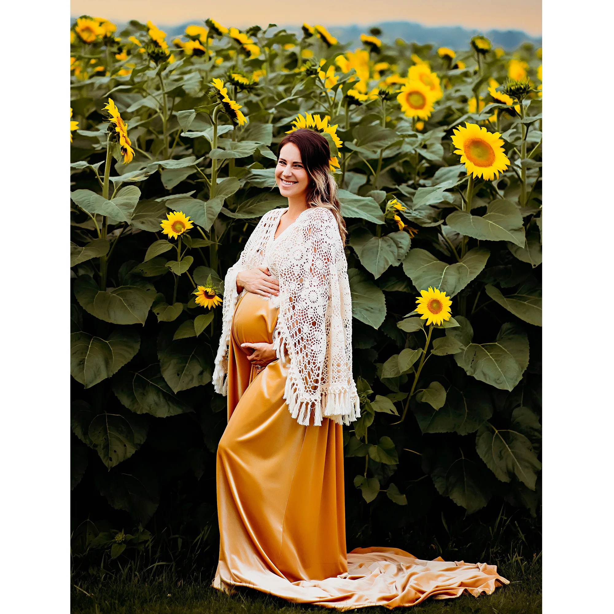 Boho Hand Crochet Cotton Long Bell Sleeves Velvet Dress for Women Photo Shoot Maternity Photography Accessories Baby Shower Gift