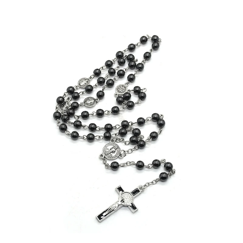 Vintage St. Benedict\'s 6 mm Hematite Rosary Pendant Necklace For Men Women Catholic Jewelry