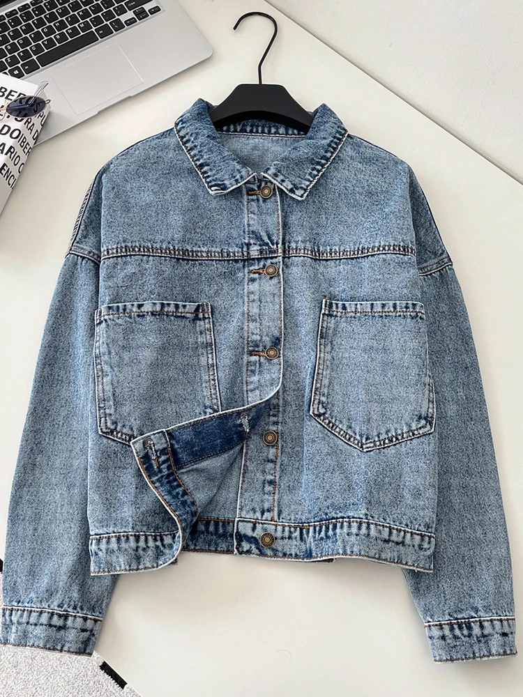 

Spring new niche design pocket line denim jacket women's lapel collar single breasted long sleeved fashion versatile top