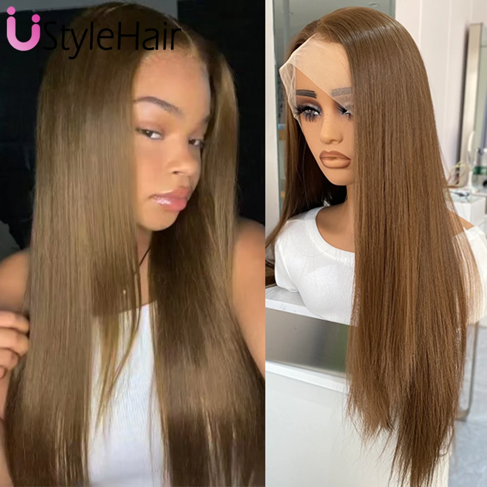 

Коричневый парик спереди, длинные шелковистые прямые синтетические волосы 13x4, фронтальное кружево, естественная линия волос, повседневная одежда, парики для косплея для женщин