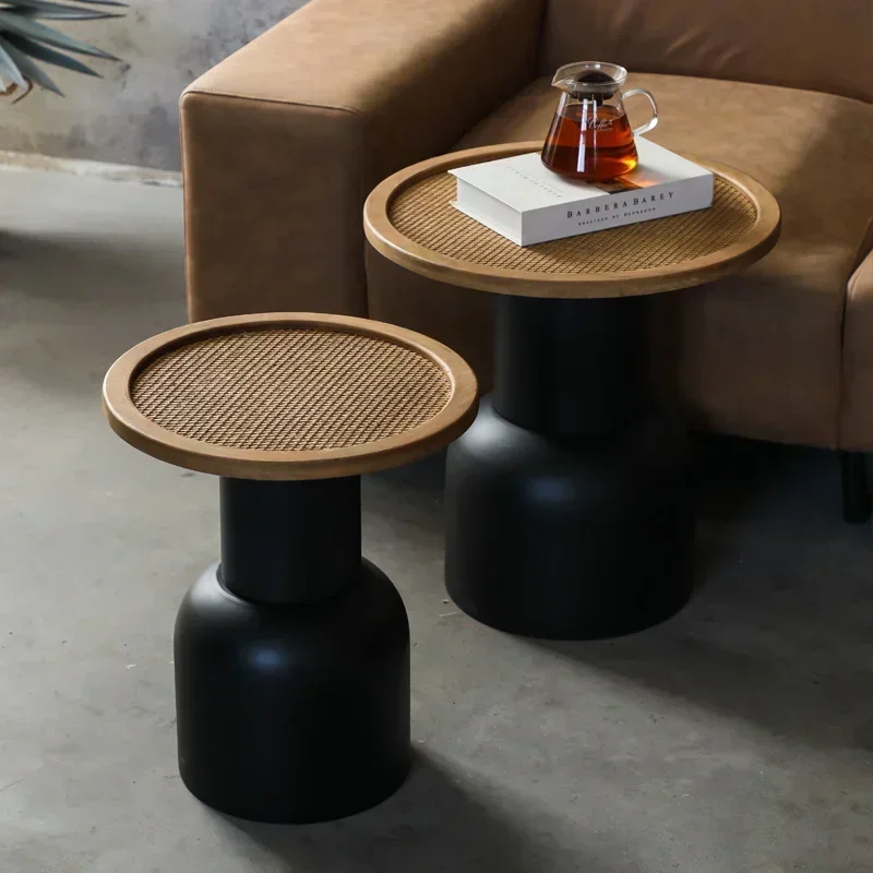 Retro American Coffee Table Creative Rattan Woven Side Tables Iron Frame Artistic Night Stand Versatile Modern Furniture