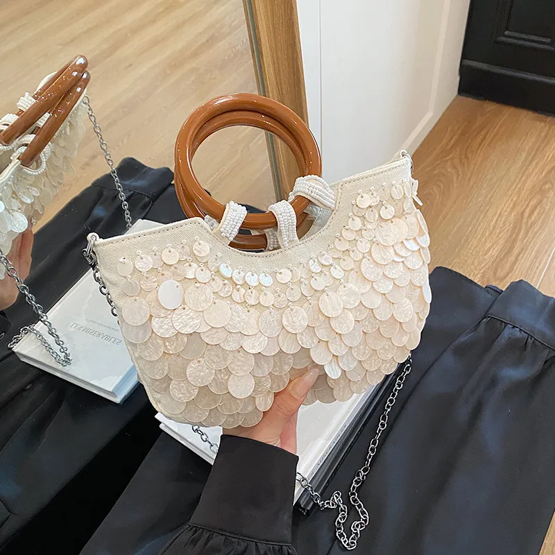 

Sequin Decorated Tote Bag, Women's Ring Handle Shoulder Bag, Chain Crossbody Bag