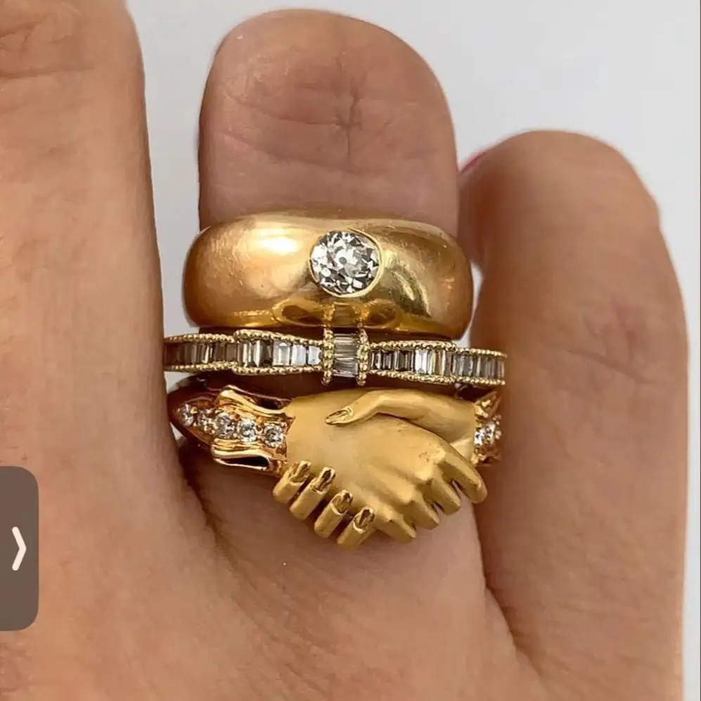 3-teiliges, leicht luxuriöses, stapelbares Handshake-Ringset aus synthetischem Edelstein und Kupfer für Damen, lässiger Alltagsschmuck