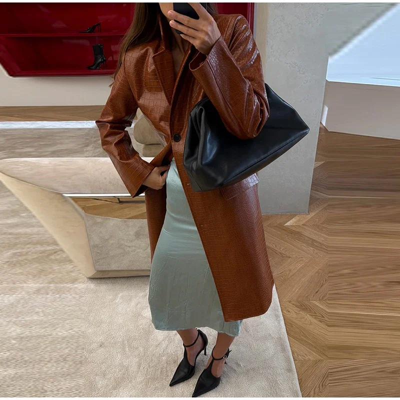 Fashion Loose Solid Pu Leather Coat Women Full Sleeve Lapel Single Breasted Long Coats Female 2026 Autumn Winter Outwear Lady